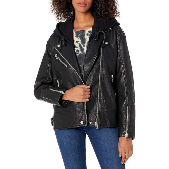 Blank NYC Oversized Hooded Faux Leather Moto Jacket Raise the Bar Black Small - Picture 2 of 10
